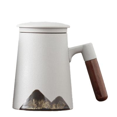 China Sustainable Ceramic Mug With Filtered Luster And Wooden Handle Ceramic Tea Cup zu verkaufen