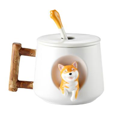 China Viable Creativity Cute Wood Handle Sublimation Ceramic Mugs Water Tea Milk Cups Set With Lid And Spoon à venda