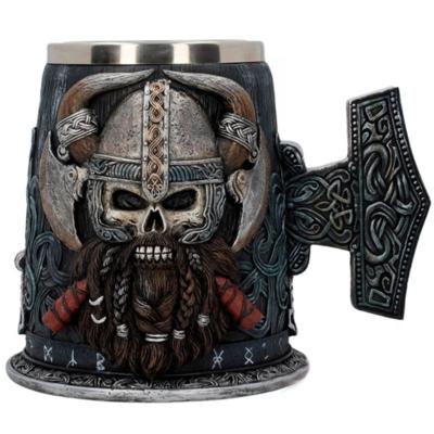 China Viable Creative Design Resin 3D Retro Viking Horn Wine Beer Mug Stainless Steel Coating Water Cup for sale