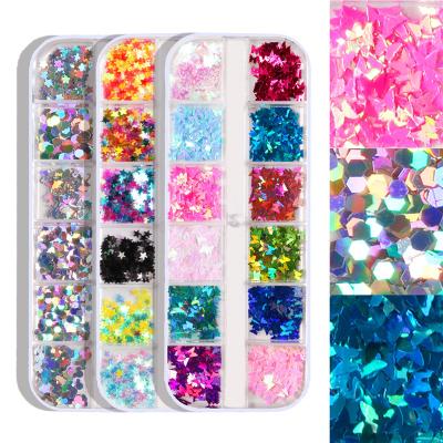 China Multi Colored Shiny Holographic 12 Grids Nail Heart Butterfly Foil Shaped Mixed Glitter Glitter Nail Art Sequins for sale