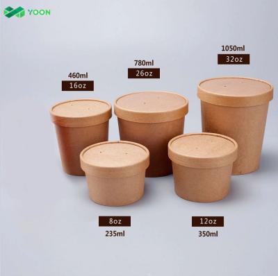 China Recyclable Disposable Kraft Paper Soup Cups With Paper Lids For Fast Food Delivery for sale