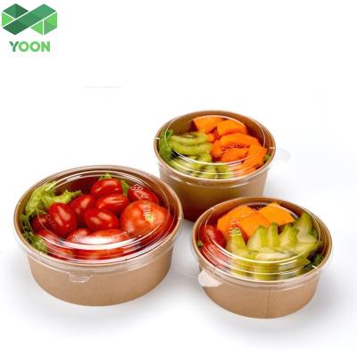 China Printed Recyclable Disposable Take Away Kraft Paper Salad Bowl With Clear Plastic Lid 500ml 750ml for sale