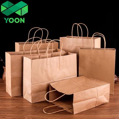 China Recyclable Brown Kraft Paper Bags Heavy Duty Brown Paper To Go Outlet Restaurant Bags With Handles for sale