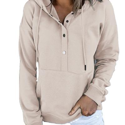 China 2022 New European and American hot women's long sleeve apricot loose clothes pullover drawstring button hooded pocket anti-wrinkle for sale