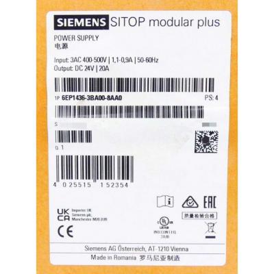 중국 SIEMENS 6EP1436-3BA00-8AA0 SITOP MODULAR PLUS 20 A STABILIZED POWER SUPPLY INPUT: 3 AC 400-500 V OUTPUT: 24 V DC/20 A 판매용