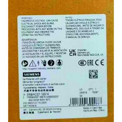 China SIEMENS 3RW4037-1BB14 SIRIUS SOFT STARTER S2 63 A, 30 KW/400 V, 40 °C 200-480 V AC, 110-230 V AC/DC SCREW TERMINALS Te koop