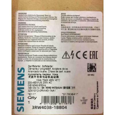 China SIEMENS 3RW4038-1BB04 SIRIUS SOFT STARTER S2 72 A, 37 KW/400 V, 40 °C 200-480 V AC, 24 V AC/DC SCREW TERMINALS for sale