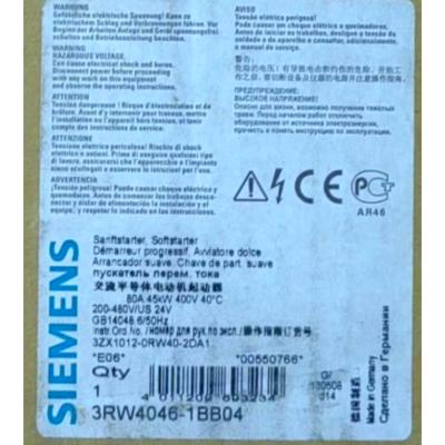 China SIEMENS 3RW4046-1BB04 SIRIUS SOFT STARTER S3 80 A, 45 KW/400 V, 40 °C 200-480 V AC, 24 V AC/DC SCREW TERMINALS Te koop