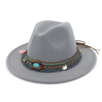 China Image High Quality Custom Logo Wide Brim Decorated Felt Panama Fedora Hats Women for sale