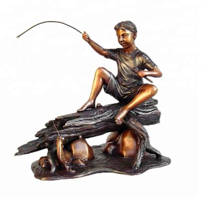 China China Large Bronze Little Boy Outdoor Garden Metal Craft With Fishing Pole Statue for sale