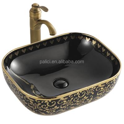 China Hot Selling Fancy Easy Clean Bathroom Sink Bathroom Sink Glass Sanitary Basin, Black And Gold Family Toilet Sink Lavobo Toilet Ware Sanitary Basin for sale