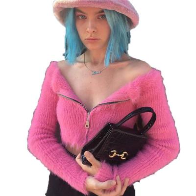 China anti-wrinkle high quality pink furry front zipper neck strapless line slim knit top for sale