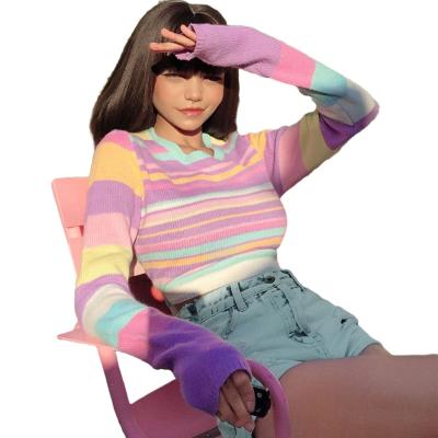 China Anti-wrinkle new spring sweaters are womens candy color striped finger cuffs with short knit low tops for sale