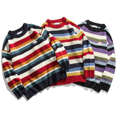 China Anti-wrinkle winter fashion unisex oversized cable sweater Korean loose striped knit Pollover knitwear women men for sale