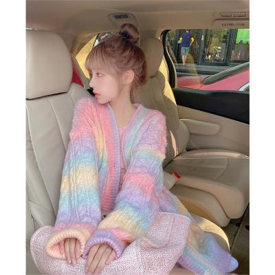 China Custom Korean Mujer Colorful Long Button Women's Anti-Wrinkle Fashion Sweater Rainbow Oversized Knitted Cardigan for sale