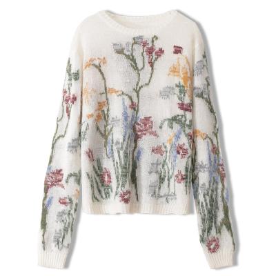 China Custom Anti-wrinkle Spring Intarsia Embroidered Floral Female French Style Cashmere Mohair Knit Women's Sweater for sale