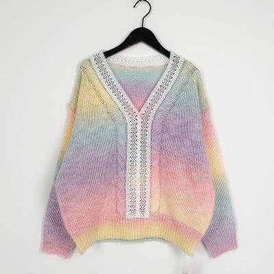 China Anti-wrinkle factory custom rainbow V-neck with cute lace knit pullover fashion women sweater for sale