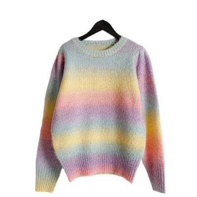 China Anti-Wrinkle Factory Custom Crew Neck Women Knit Sweater Rainbow Fashion Ribbed Women Knit Sweater for sale