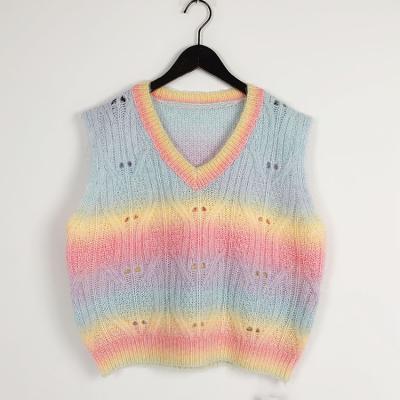 China Anti-Wrinkle Factory Custom Women's V-Neck Color Block Rainbow Knit Sweater Vest Dye Hollow Out Pollover Women Sweater Sleeveless Vest for sale