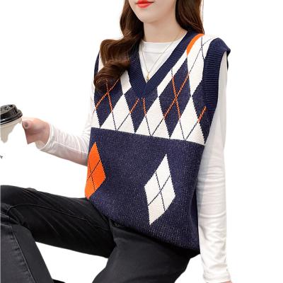 China Anti-Wrinkle 2 Colors 2020 Korean Style Preppy Sweaters Women's V Neck Color Patchwork V Neck Vest Style Knitted Sweaters for sale