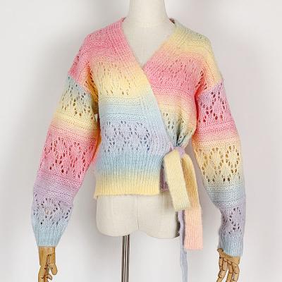 China Hollow Mujer Argyle Wrap Cardigan Ladies Sweater Rainbow Dye Sweater Custom Wholesale Anti-Wrinkle 2021 for sale