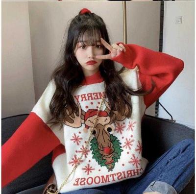 China Anti-wrinkle 2021 autumn and new retro lazy winter deer Christmas student knit sweater color matching long-sleeved sweater for sale