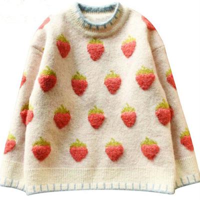 China High Quality Anti-wrinkle Mohair Cashmere Winter Girls Knit Sweater Strawberry Jacquard Intarsia Children's Pullover Kids Sweater for sale