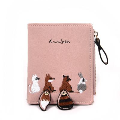 China Multiple Card Slots WAKE 2022 Cute PU Embroidered Animal Short Wallet For Girl for sale