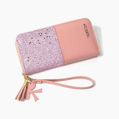 China Multifunctional WAKED Logo Shiny Splice Long Around Zipper Wristlet Women Custom Wallet for sale