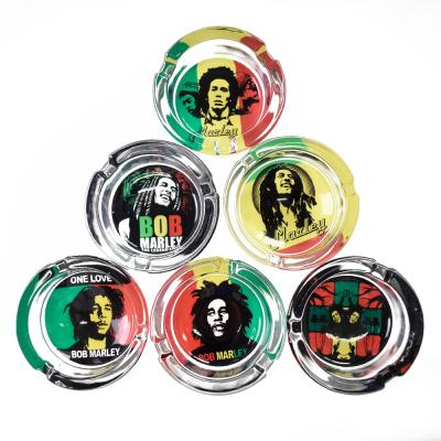 China Custom Printed Accept Personalized Custom Fancy Round Printed Logo Bob Marley Glass Ashtray Smoke Accessories Cigar Smoking Ashtray for sale