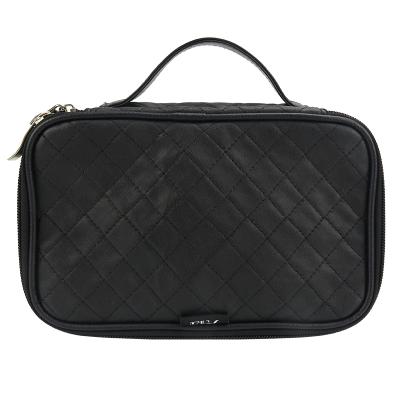 China Eco-friendly Double Layer Wash Makeup Bag Black Quilted PU Leather Cosmetic Bag for sale