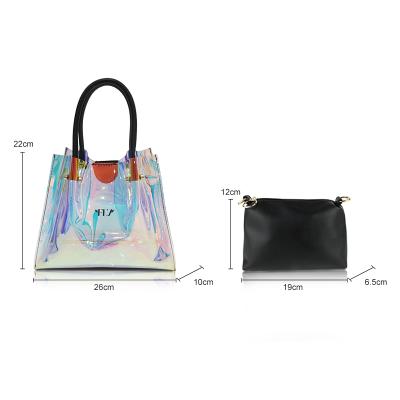 China Fashion\Comfortable\Durable Tote Holographic Laser Transparent PVC Handbag With Mini PU Purses for sale