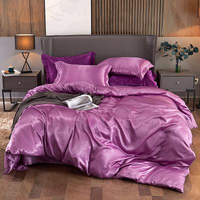 China Anti-Apnea Satin Sheet Solid Color Soft Smooth Artificial Ice Silk Pillowcases Two One Layer Fitted Sheet One Sheet Bedding for sale