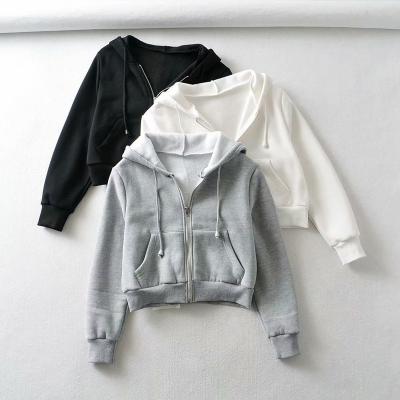 China Custom Anti-Wrinkle Full Zipper Up Cotton Wholesale White Simple Crop Hoodie Women's Streetwear Fall 2021 Top White Sweatshirt for sale