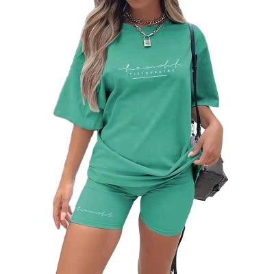 China QUICK DRY Cotton Letter Print T-shirt Summer Sports Tracksuit Solid Color Shorts Sleeve Custom Biker Shorts Set 2 Piece Women's Casual Outfit for sale