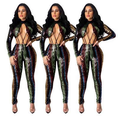 China Fashionable SLS anti-pilling sequin sexy bodycon jumpsuit new clubwear colorful women's nightwear waist open back zipper for sale