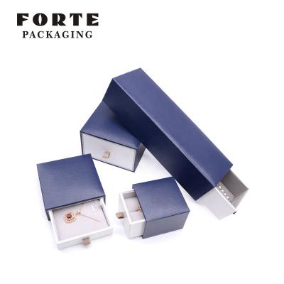 China FORTE Eco-friendly Pull Out Drawer Paper Jewelry Boxes Blue Box Velvet Jewelry Packaging Box for sale