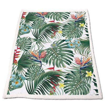 China Anti-static Hot Sales Custom Pattern Sherpa Plush Throw Blanket Palm Leaf Bed Sofa Blanket for sale