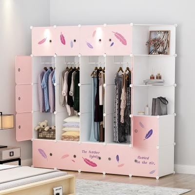 China (Size) Adjustable Multi-Use Flowered 2022 Easy Installation Cabinet Storage Plastic Clothes Bags, White And Pink Plastic Portable Bedroom Wardrobe for sale