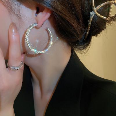 China European and American shiny circle earrings FASHIONABLE c-shaped large style rhinestone inlaid alloy earrings cold high-end earrings for sale