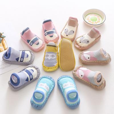 China Cotton Cartoon Antibacterial Newborn Toddler Combed Baby Shoes Non Slip Sole Rubber Kids Floor Print Socks for sale