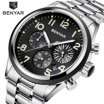 China BENYAR Chronograph Men Watch 5138 Blue Waterproof Wrist Watch Relogio Masculino Luxury Business Quartz Stainless Steel Face Men Watches for sale