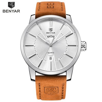 China Top Sale BENYAR 5101 Luxury Brand Band High Quality Genuine Leather Week Day/Date Show 30M Waterproof Man Quartz Casual Watch for sale