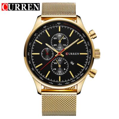 China Top Sale CURREN 8227 Day/Date Stainless Steel Mesh Band Japanese Movement Date Display Gold Wrist Watch for sale