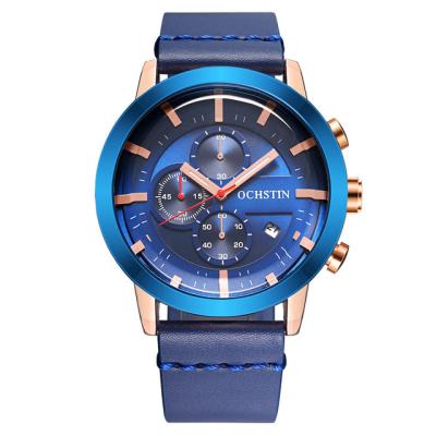 China Top Selling Brand OCHSTIN Luxury High Quality Blue Leather Band Water Proof Quartz Analog Chronograph Sport Men Watch for sale