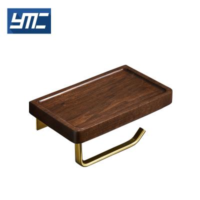 China Modern Wood Space Walnut Aluminum Brushed Gold Rod Bathroom Tissue Holder for sale