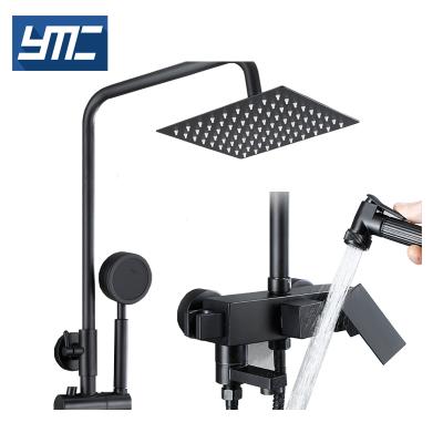 China Modern New Design Black Slide Bar Shower Faucet Squareless With Spray Gun Bath Shower Set for sale