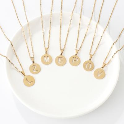 China High Quality Fashion Stainless Steel Gold Plated Cavity Round A-Z 26 Letter Geometric Pendant Necklace for sale