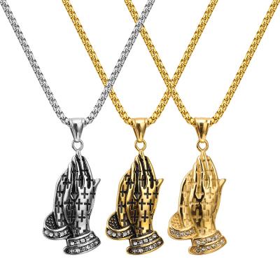 China Cool High Quality Holy Scripture Rhinestone Vacuum Plating Gold Stainless Steel Man Hands Prayer Necklace for sale