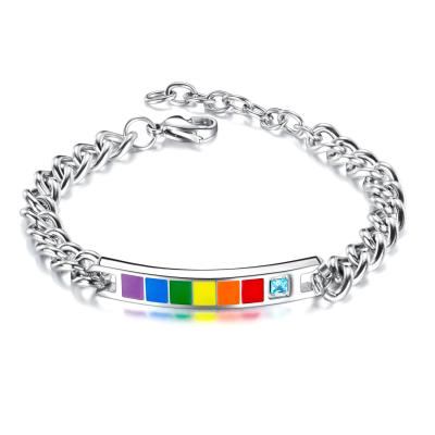 China Hot Single Chain High Quality Stainless Steel Zircon Silver Pink Blue Rainbow Couple Bracelet for sale